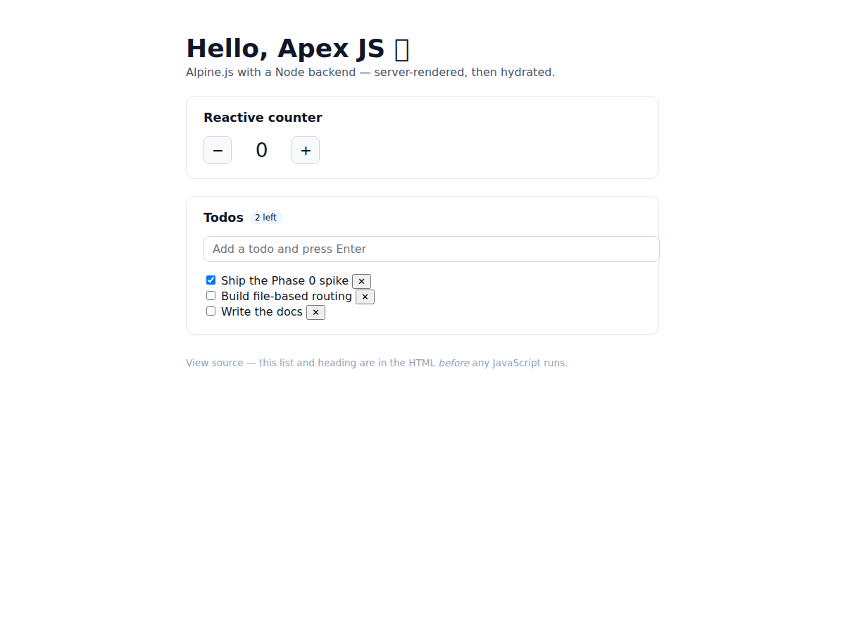 The Apex JS starter page running in a browser, showing the welcome heading and a Show me how button.