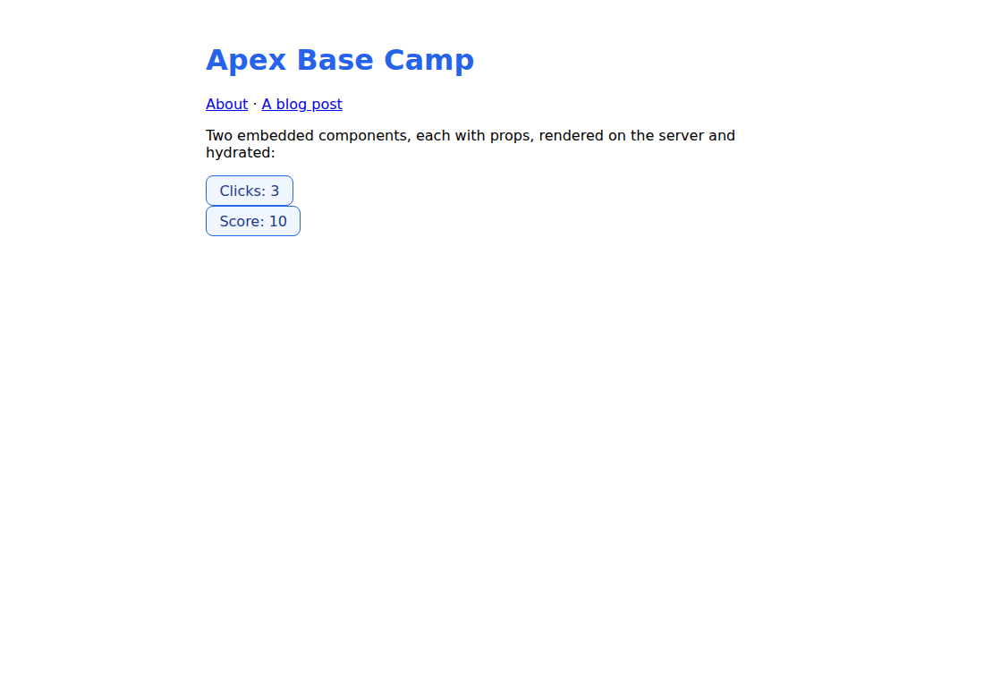 An Apex page rendering two embedded Counter components, each labelled and initialized from its own props.