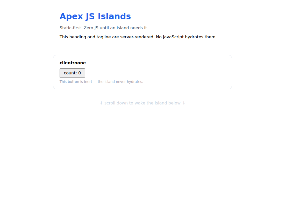 The Apex islands demo page: a server-rendered header with client:none and client:visible island cards.